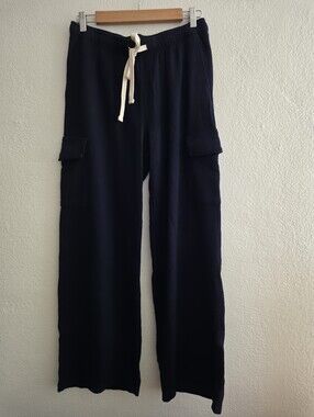 Monrow Navy Wide-Leg Cargo Lounge Pants with Drawstring